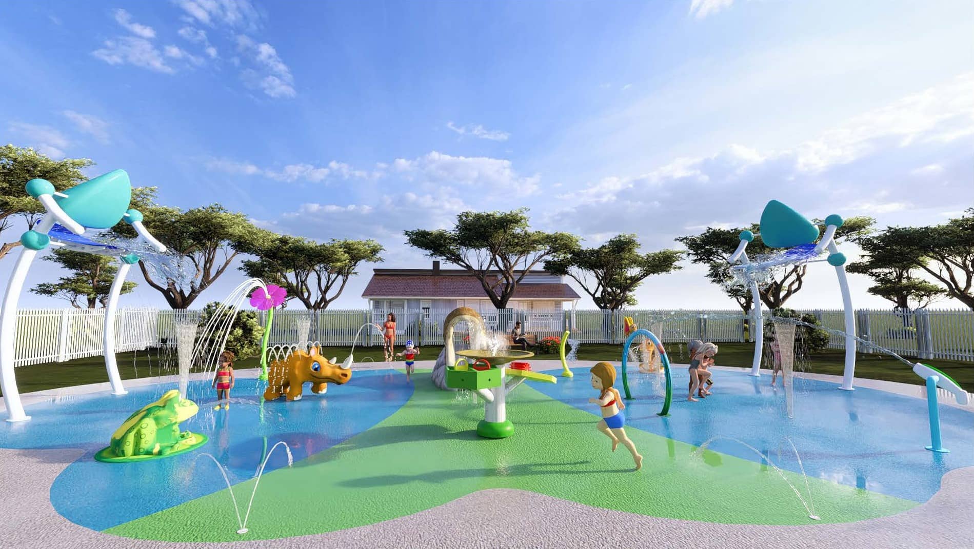 splash pad rendering with themed-interactive water features, sprayers, dumping buckets, and a water play table