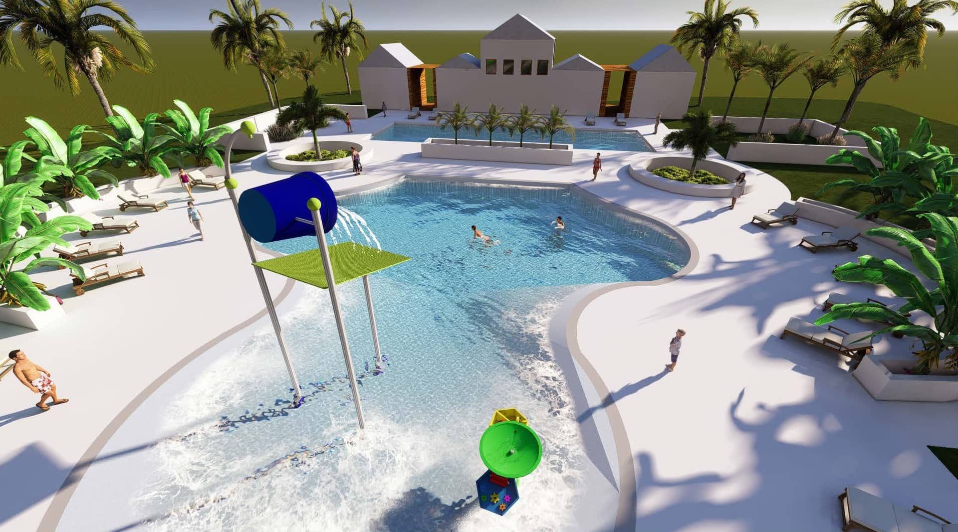 rendering of a water play table next to a large dumping bucket water feature in a swimming pool