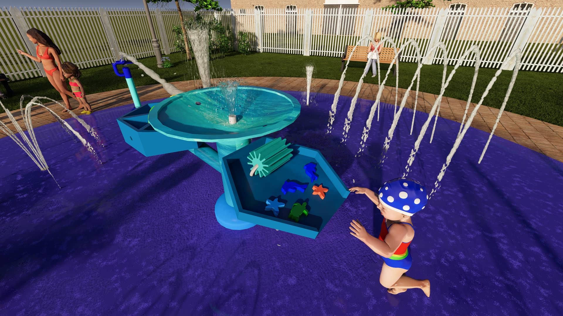 rendering of a water play table with marine life themed spinners