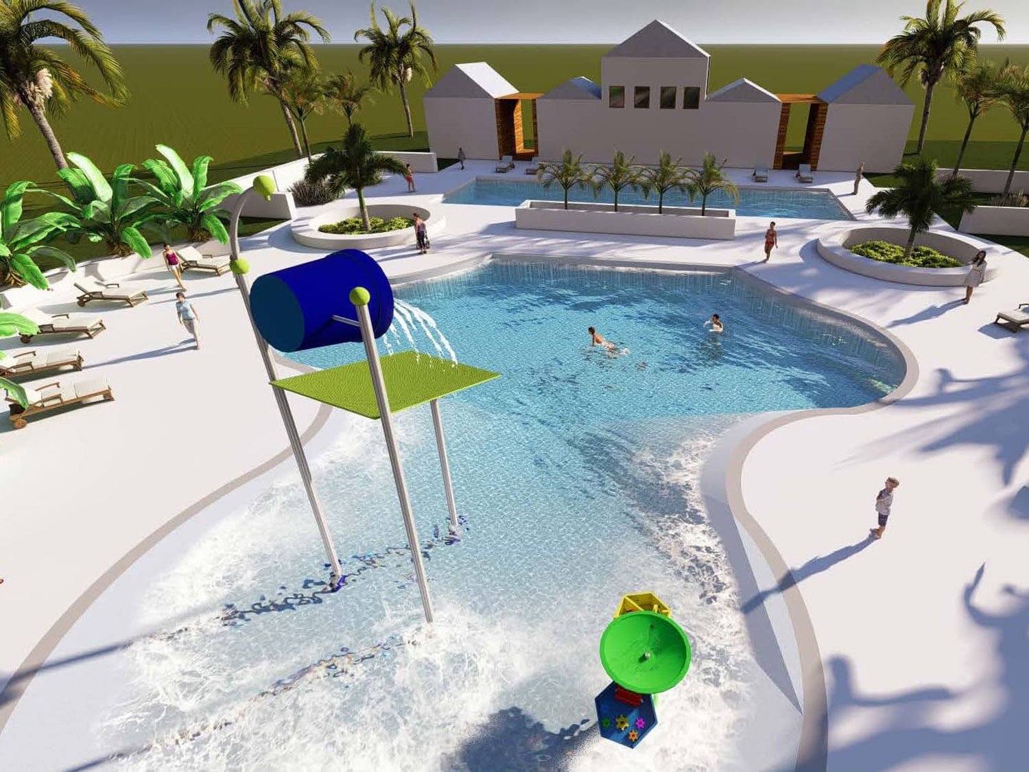 rendering of a large dumping bucket and water play table in a beach entry swimming pool